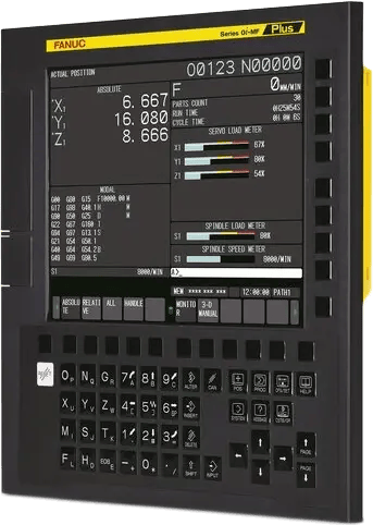 Fanuc 0i-MF Plus control with a 10.4 inch colour screen above the keypad